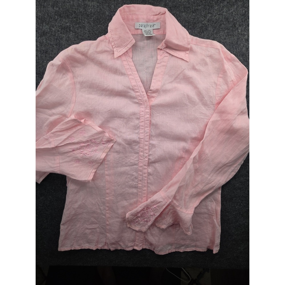 Paraphrase Pink 100% Linen Embroidered V-Neck Blouse Long Sleeve Womens Medium